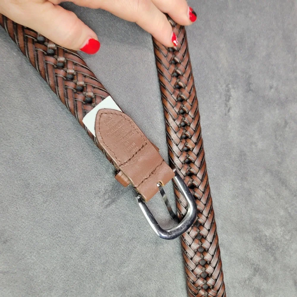 Brown Braided Genuine Leather Belt Silver Buckle Woven Casual Mens Womens 35.5in
